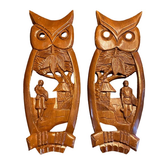 Vtg MCM Polynesian hand Carved Wall Art Tiki Bar Mid Century Wooden Owls Large - Picture 1 of 12
